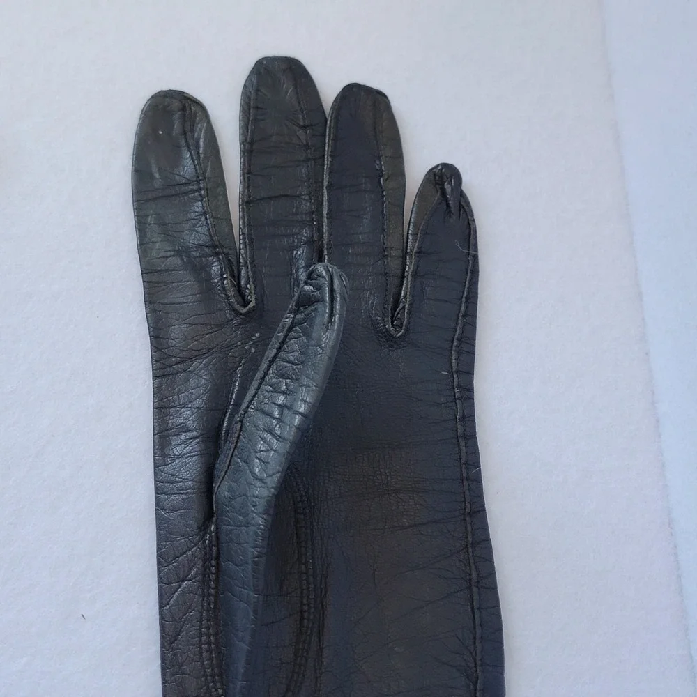Vtg Ladies Long Opera Kislav Kid Leather Black Gloves Sz 6 1/2